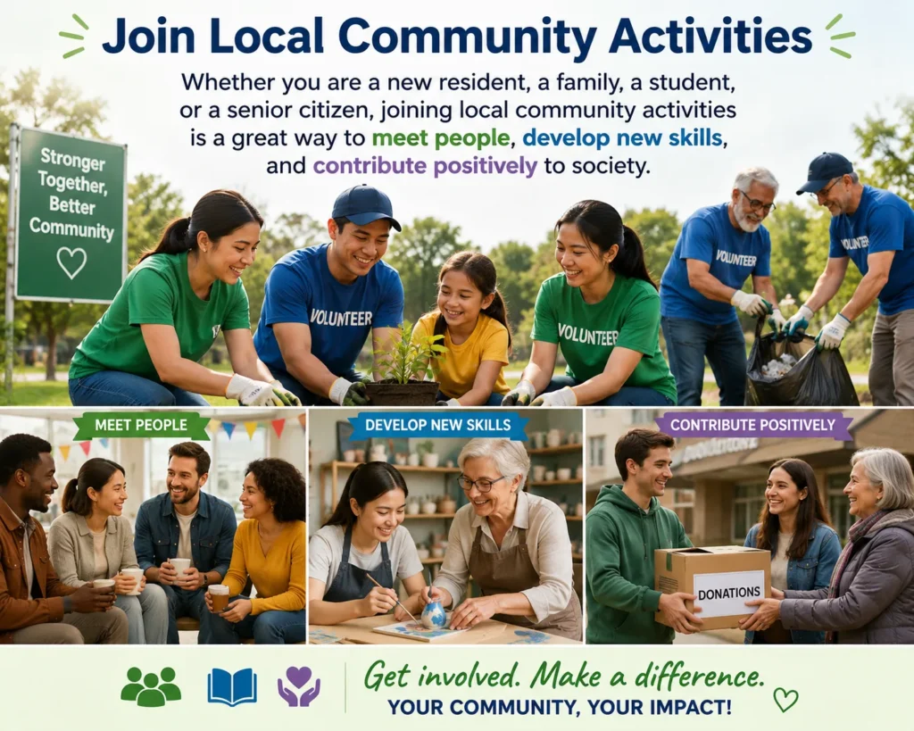 Local Community Activities Singapore | Meet People & Build Skills This image shows people of all ages participating in local community activities across Singapore. From volunteering and community workshops to social gatherings