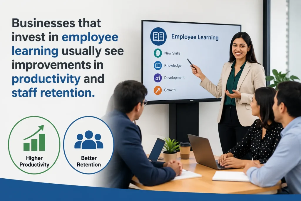 Employee Learning Improves Productivity and Staff Retention A modern corporate training session where employees participate in a professional learning workshop. The image highlights how investing in employee development helps businesses