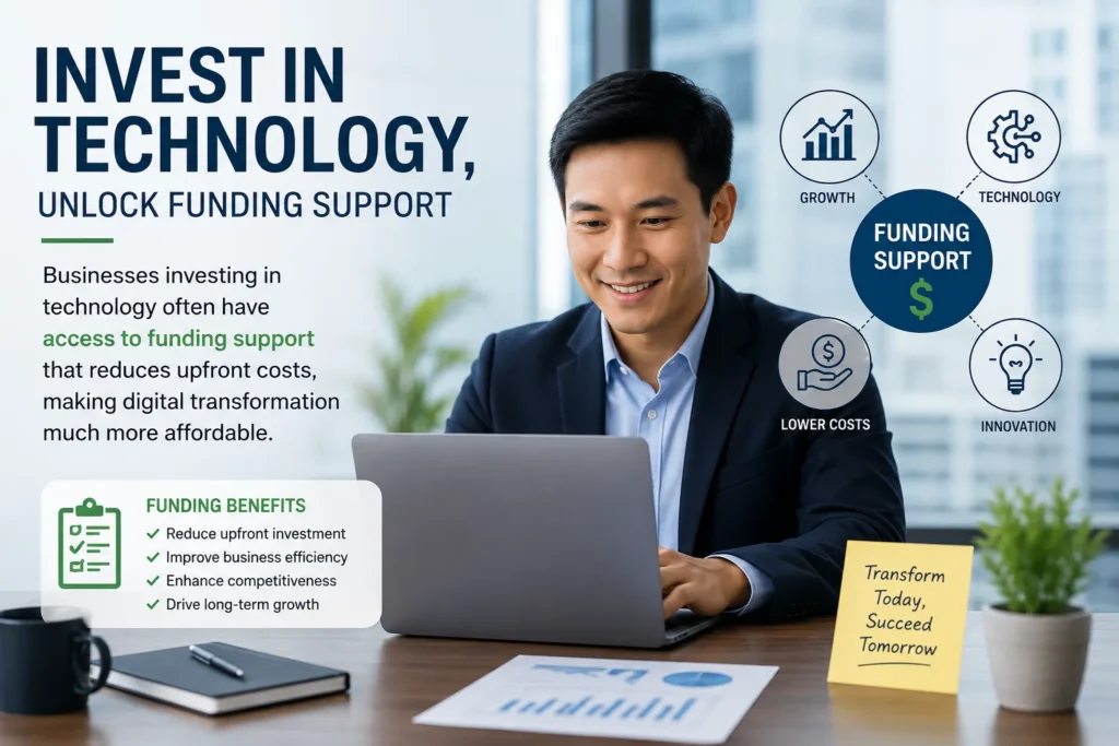 Businesses Investing in Technology with Funding Support A professional business illustration showing a company using technology with financial support to reduce upfront investment costs. The image highlights digital transformation