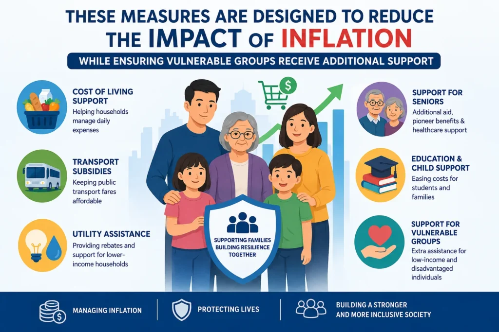 Inflation Support Measures for Households and Vulnerable Groups This infographic illustrates key measures introduced to reduce the impact of inflation on households. It highlights cost-of-living support, transport subsidies