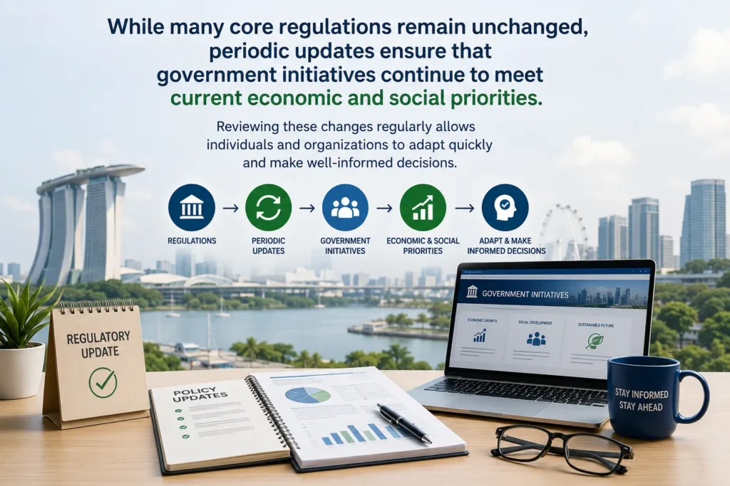 Government Policy Updates and Regulatory Changes Guide This professional infographic illustrates the importance of staying updated with government regulations and policy changes. It highlights how periodic updates support economic