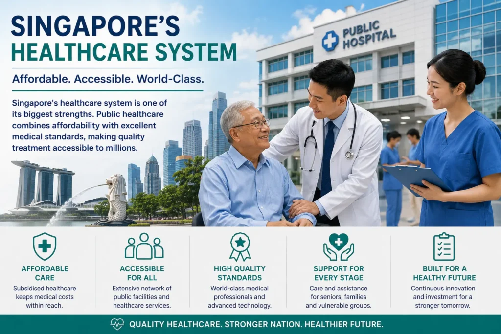 Singapore Healthcare System – Affordable and High-Quality Public Healthcare This featured image showcases Singapore's healthcare system with a modern public hospital, experienced healthcare professionals, and a patient receiving quality medical care
