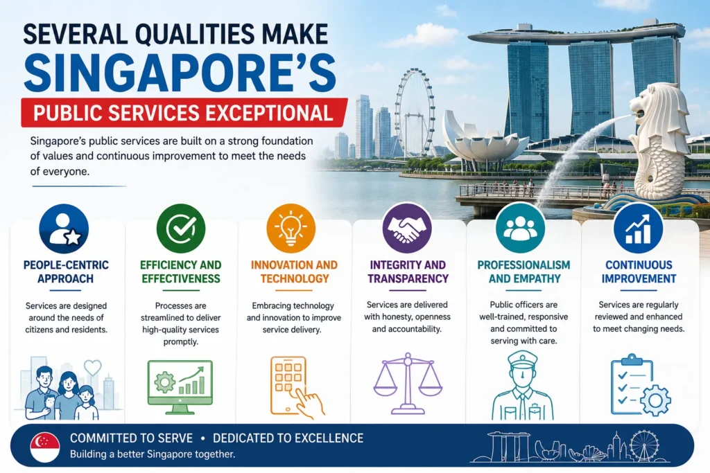 Qualities That Make Singapore's Public Services Exceptional This infographic showcases the core qualities that define Singapore's public services, including a people-centric approach, operational efficiency, innovation, transparency