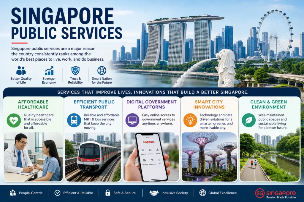 Singapore Public Services That Improve Everyday Life A modern illustration of Singapore featuring Marina Bay Sands, the Merlion, and the Singapore skyline alongside key public services. The graphic showcases affordable healthcare