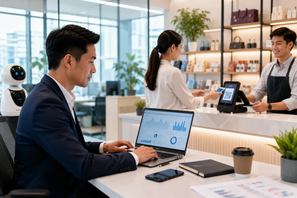 AI Digital Payment Singapore | Smart Business Technology Singapore business owner using AI-powered business analytics on a laptop while a customer makes a QR code digital payment at a modern retail counter.