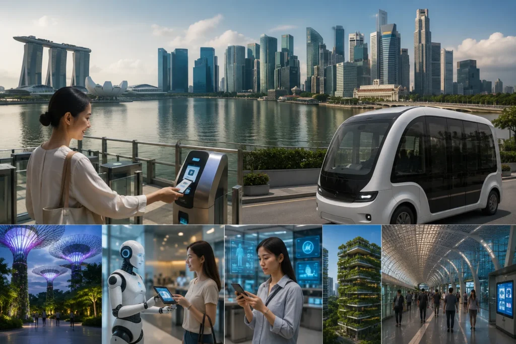 Smart Digital Singapore City with AI Technology and Smart Infrastructure Modern Singapore smart city with AI technology, digital payment systems, connected transport, smart buildings, and futuristic urban infrastructure.