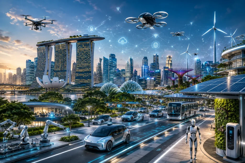 Future Singapore Digital Economy Powered by AI and Smart Technology Futuristic Singapore city with smart buildings, artificial intelligence, autonomous vehicles, robotics, green energy systems, and advanced digital infrastructure.