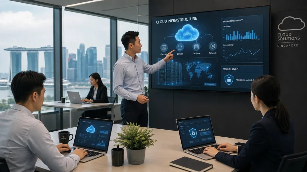 Singapore Cloud Computing Business Office Modern Singapore business office with professionals using cloud computing, cybersecurity, servers and data storage technology.