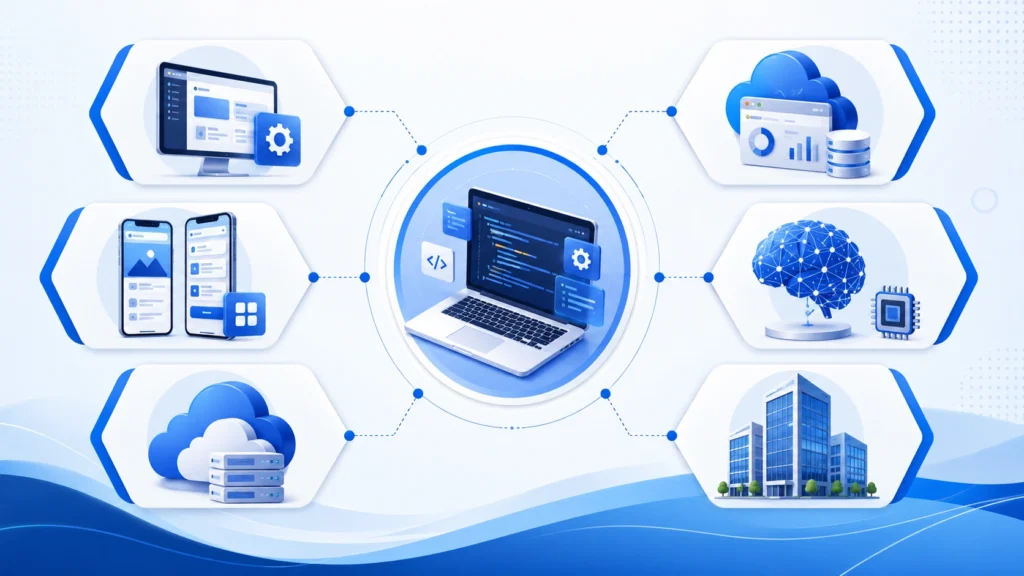 oftware Development Services in Singapore – Professional Technology Solutions Professional infographic illustrating software development services including custom software, mobile app development, SaaS platforms, cloud computing, AI technology, and enterprise software solutions.