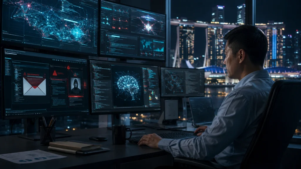 AI Cybersecurity Threats in Singapore – Cybersecurity Professional Monitoring AI-Powered Threat Detection Cybersecurity professional analysing AI-powered phishing alerts, deepfake detection, and cyber threats in a modern Singapore security operations centre with the Singapore skyline in the background.
