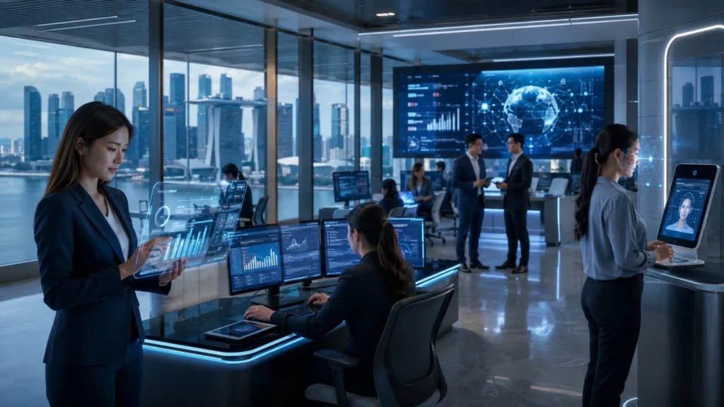 AI-Powered Digital Banking in Singapore – Future of Smart Financial Services Professionals inside a futuristic digital bank in Singapore using AI-powered banking dashboards, biometric authentication, QR payments, digital wallets, cybersecurity systems,