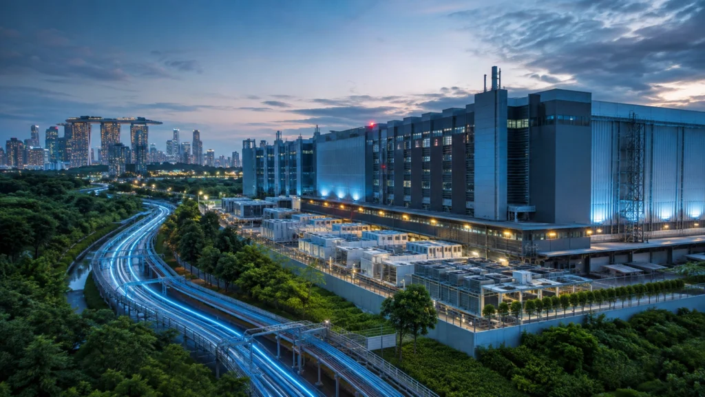 Singapore Data Centre Hub and Hyperscale Infrastructure Singapore data centre hub with hyperscale facility, fibre network infrastructure and city skyline