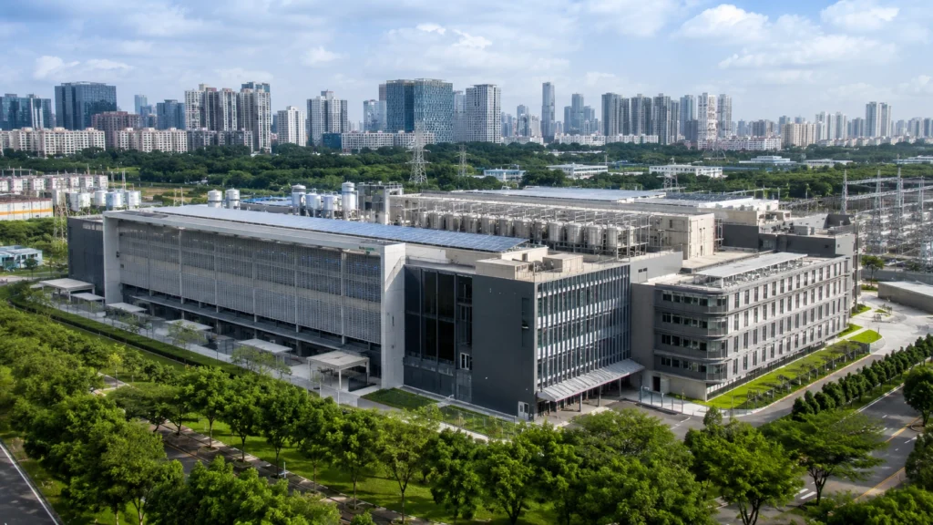 Sustainable Data Centre Singapore Sustainable data centre campus in Singapore with energy-efficient buildings, advanced cooling systems, solar panels and green infrastructure.