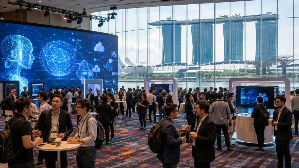 Singapore Tech Events 2026 – Technology Conference Singapore Tech Events 2026 featuring technology professionals, developers, startup founders, investors and business leaders at a modern conference with AI
