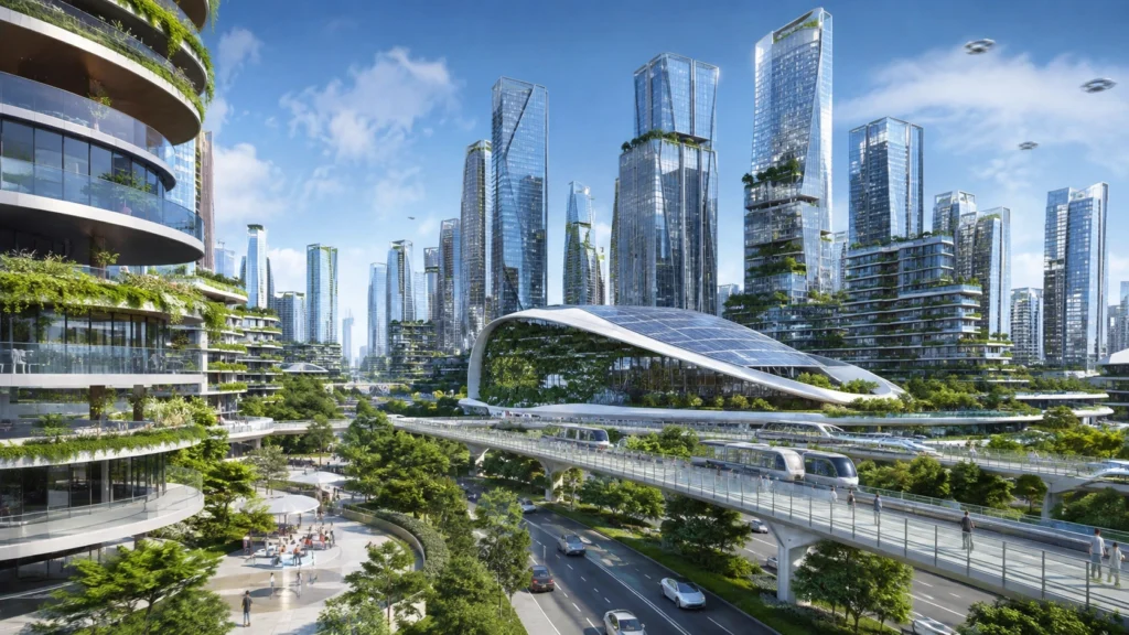 Smart Nation 2.0 Singapore: Future Smart City with Sustainable Technology Futuristic Singapore Smart Nation 2.0 city featuring autonomous vehicles, green buildings, smart transportation, connected infrastructure, and sustainable urban technology.