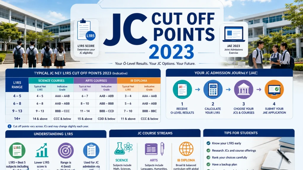 JC Cut Off Points 2023 Singapore infographic showing L1R5 scores, JAE admission, Science and Arts courses