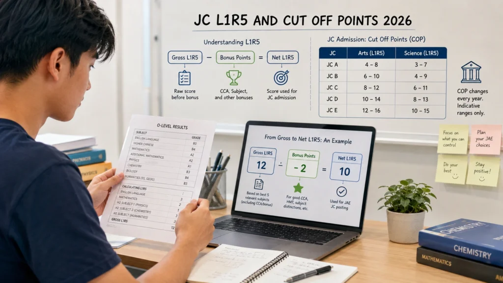 JC L1R5 and Cut Off Points 2026 Singapore Student reviewing O-Level results with JC L1R5 scores, bonus points and 2026 Junior College cut off point ranges in Singapore