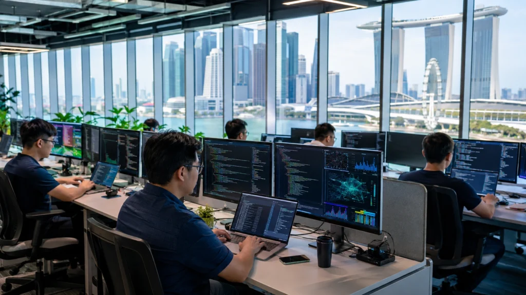 Modern Singapore Technology Hub with Software Developers Software developers working in a modern Singapore technology office with multiple monitors displaying code and data analytics.