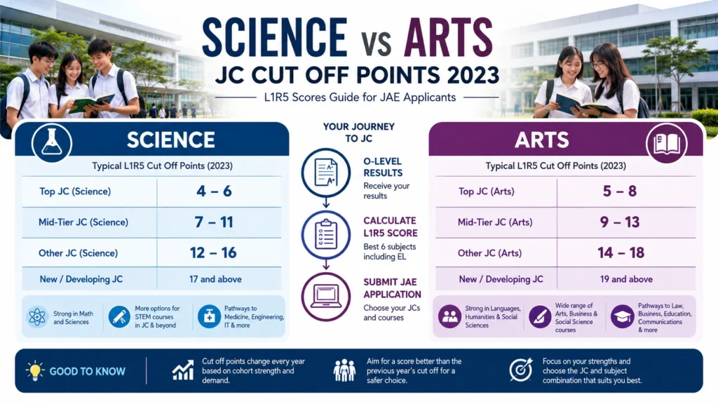 Science vs Arts JC Cut Off Points 2023 Singapore infographic showing L1R5 scores, O-Level results and JAE choices