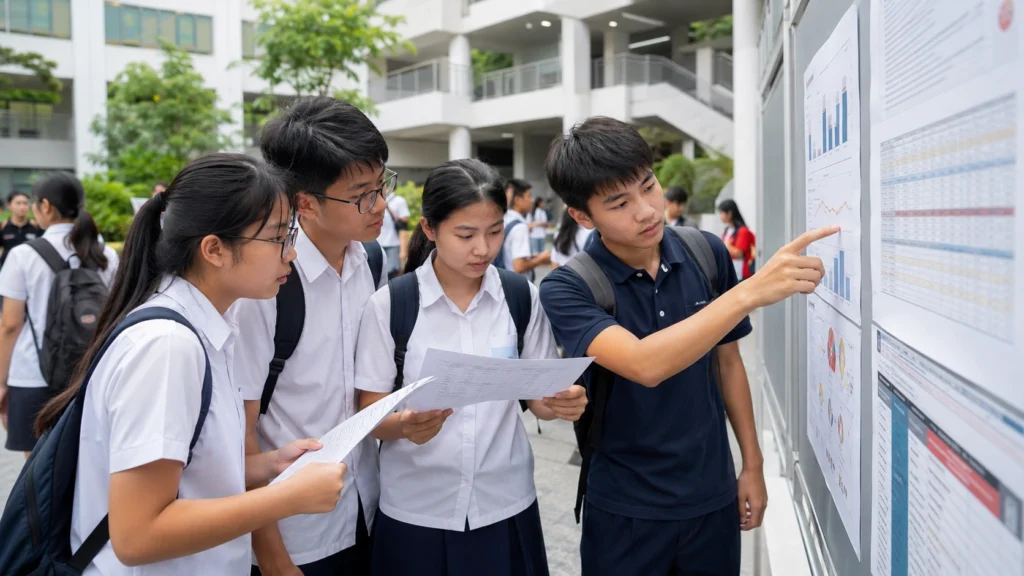 JC Cut Off Points 2026 Singapore – L1R5 & JAE Admission Singapore JC students reviewing L1R5 scores and Junior College admission cut off points for 2026