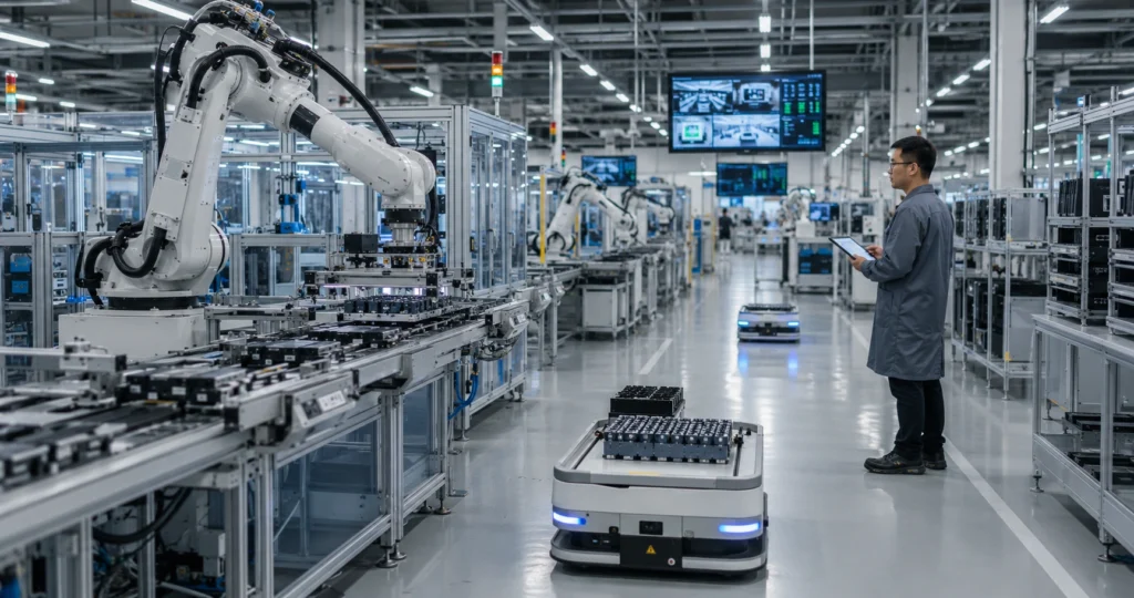 automated-manufacturing-facility-singapore-robotics Modern automated manufacturing facility in Singapore with robotic arms, autonomous mobile robots, and workers monitoring an electronics production line.