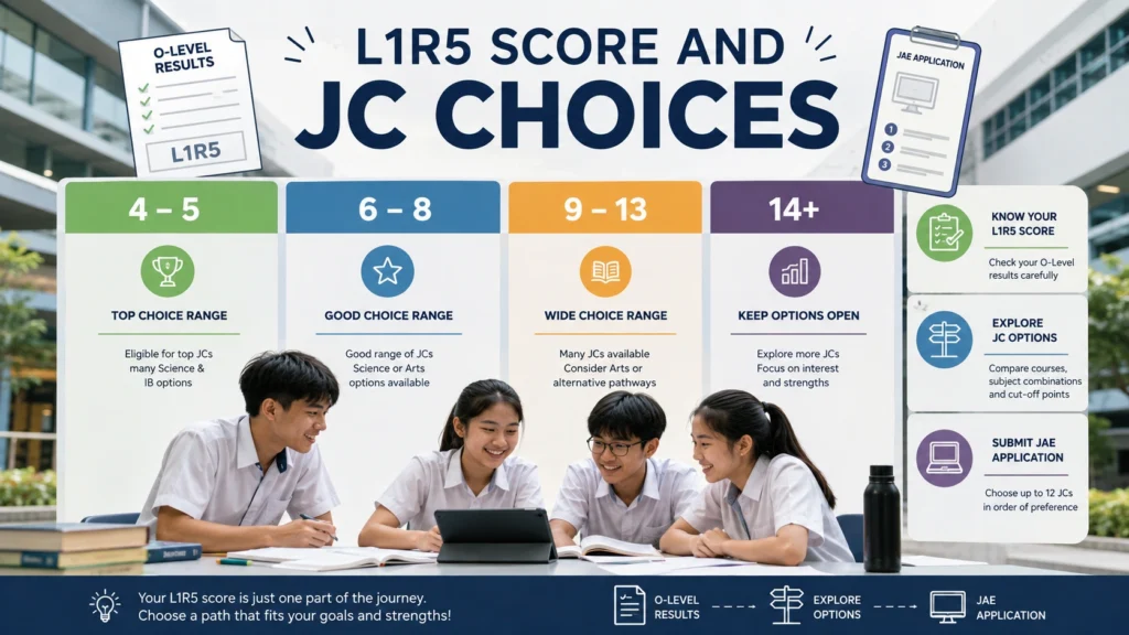 L1R5 score and JC choices infographic for Singapore students showing score ranges 4–5, 6–8, 9–13 and 14+, O-Level results and JAE application process.