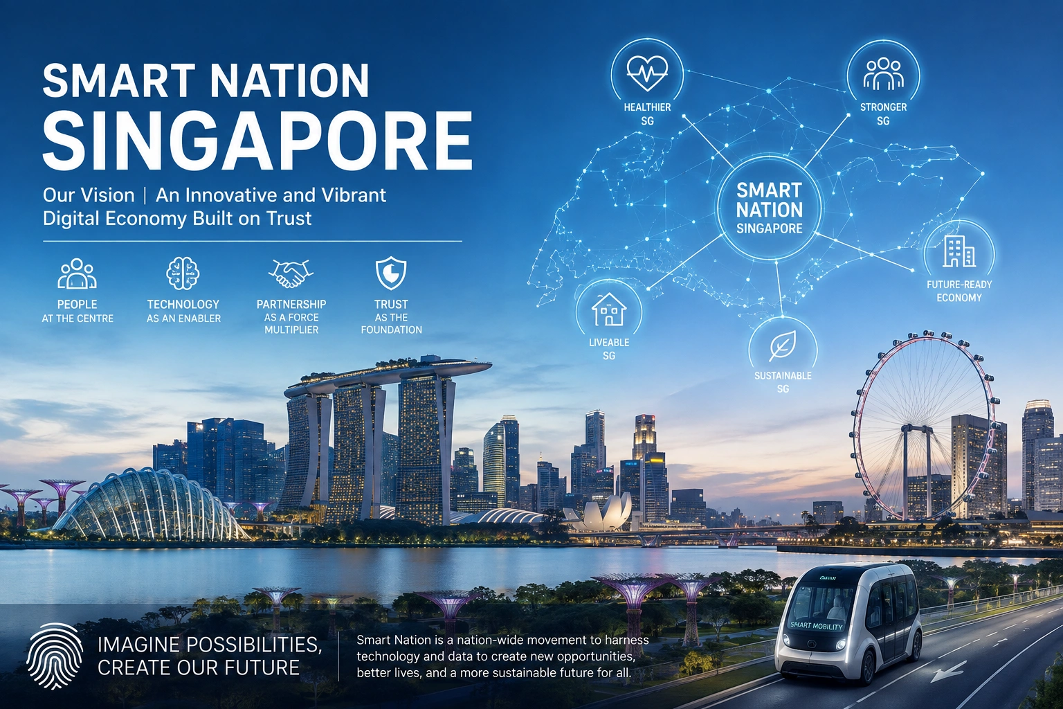 Singapore Smart Nation showcasing a futuristic digital city with AI technology, smart infrastructure, autonomous transport, and connected urban innovation.