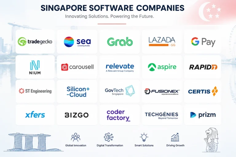 Professional illustration showcasing Singapore software companies, technology businesses, SaaS providers, AI software, cloud computing, and digital innovation in Singapore.
