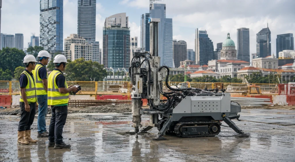 Singapore Construction Robotics and Automation Singapore construction site using advanced robotics with workers supervising an automated drilling robot.