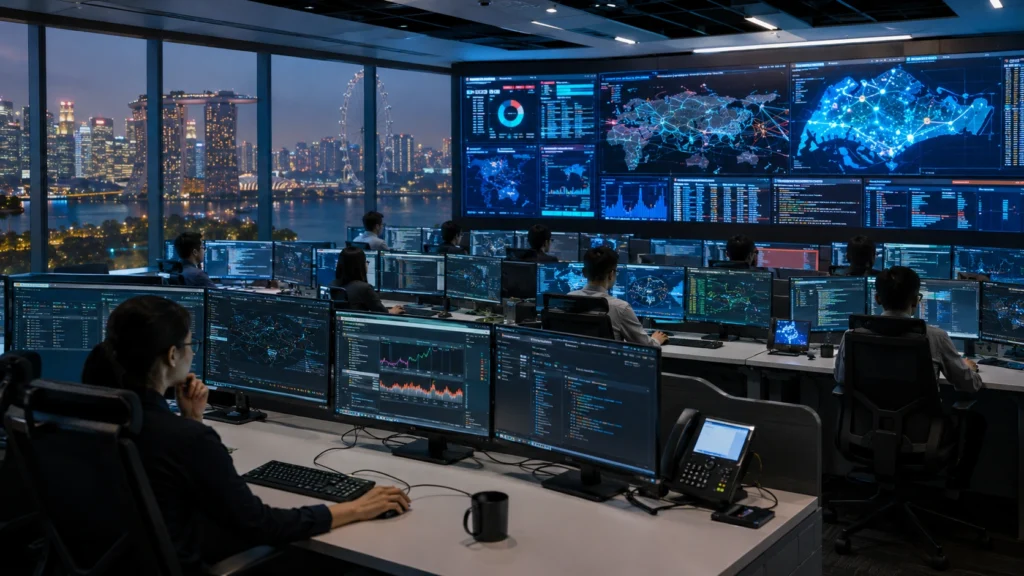 Singapore National Cyber Defence Operations Centre Cybersecurity analysts monitoring Singapore's critical infrastructure, telecommunications networks, financial systems, and government digital services inside a modern national cyber defence operations centre.