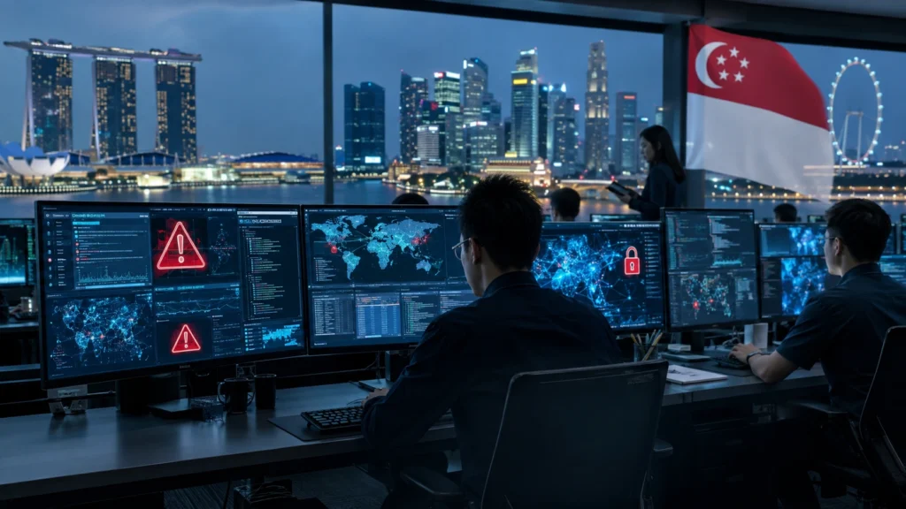 Singapore Cybersecurity Situation 2026: AI-Powered Cyber Threat Monitoring Centre Cybersecurity analysts monitoring network security alerts, ransomware attacks, phishing threats, and cyber incident dashboards inside a modern Singapore security operations