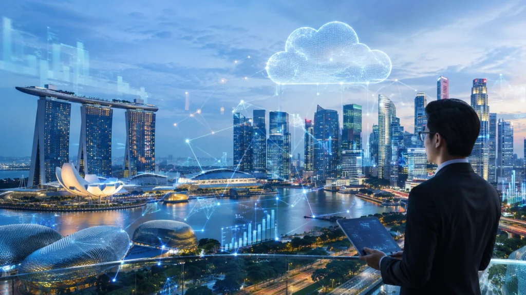 Singapore Digital Economy and AI Technology Singapore digital economy with Marina Bay skyline, AI networks and cloud computing technology