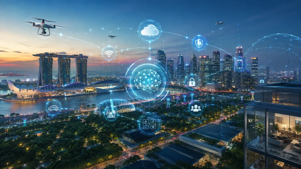 Advanced AI, Cloud Computing & Smart City Technology in Singapore Advanced digital technology concept featuring artificial intelligence, cloud computing, cybersecurity, IoT devices, and a Singapore-inspired smart city connected through futuristic digital networks.