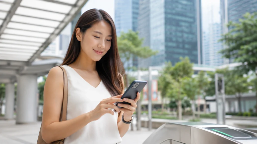 Singapore Resident Using Digital Government Services on Smartphone Singapore resident using a smartphone for secure digital identity, online government services, and cashless payment in a modern smart city environment.