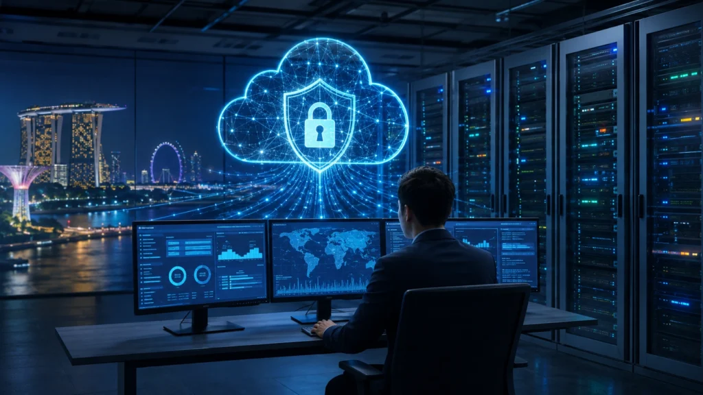 Secure Cloud Computing Infrastructure Singapore Secure cloud computing infrastructure in Singapore with protected servers, encryption security and cybersecurity monitoring.