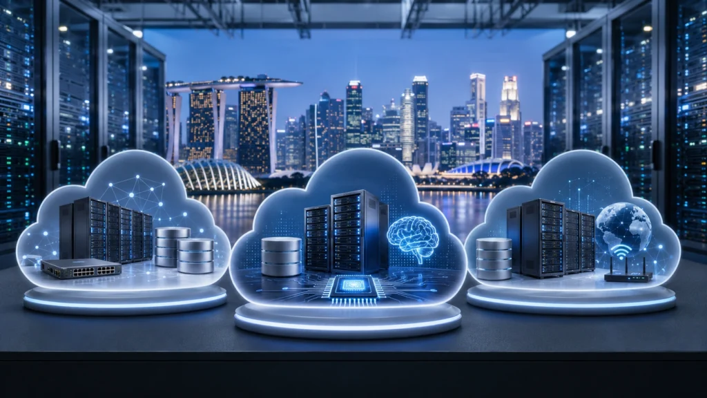 Cloud Computing Platforms Singapore Cloud computing platforms comparison in a modern Singapore data centre with servers, databases, networking and AI technology