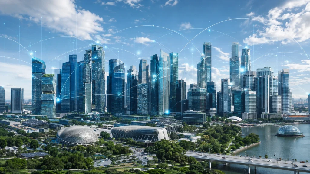 Singapore Smart Nation Skyline with AI-Powered Digital Infrastructure Modern Singapore skyline featuring smart city technology, digital connectivity, AI-powered infrastructure, futuristic skyscrapers, and an advanced urban environment.