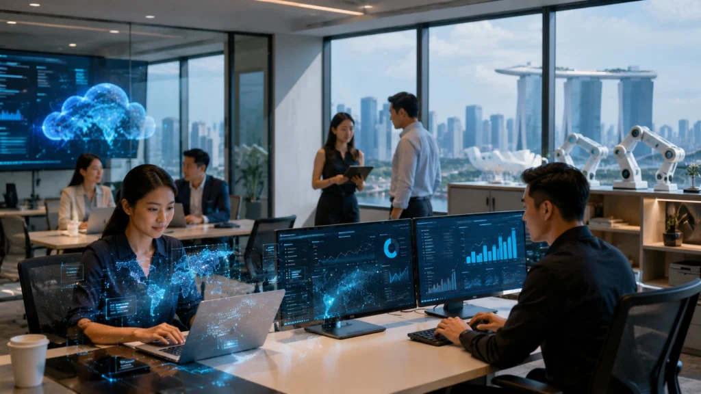 AI in Singapore Digital Economy and Business Technology Singapore business professionals using AI, data analytics, cloud computing and automation technology in a modern office.