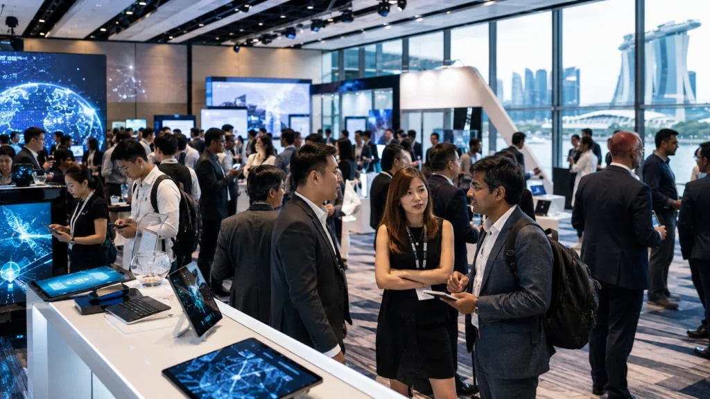 Singapore Fintech and Startup Technology Event Singapore fintech and startup technology event with entrepreneurs, investors and founders networking around AI, blockchain and digital payment exhibition booths.