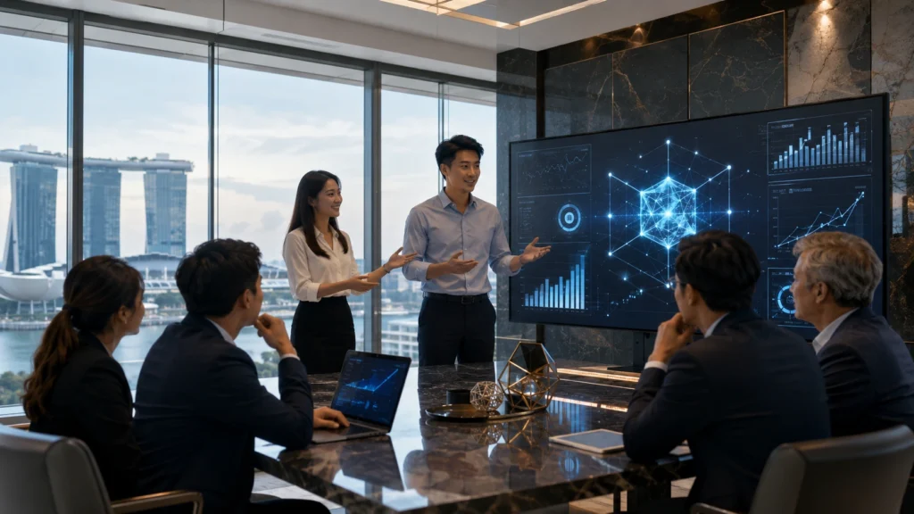 Singapore Fintech Startup Founders Presenting AI Financial Technology to Investors Singapore fintech startup founders presenting AI-powered financial technology solutions to venture capital investors in a modern office with blockchain graphics