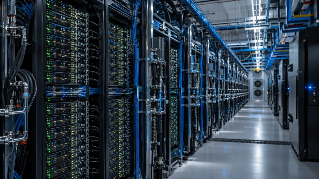 AI-Ready Data Centre Singapore – GPU Server Infrastructure AI-ready data centre in Singapore with GPU server racks, liquid cooling systems and organised fibre connections.