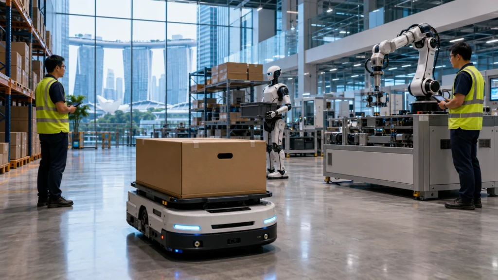 AI-Powered Robotics in Singapore Smart Warehouse AI-powered robotics in Singapore smart warehouse with autonomous mobile robot, humanoid robot and industrial robotic arm.