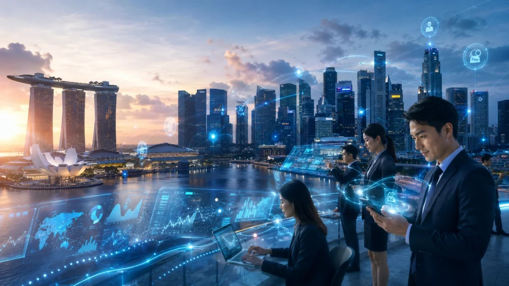 Singapore Fintech Innovation at Marina Bay Financial District Modern Singapore financial district featuring Marina Bay skyline with AI-powered fintech technology, digital banking dashboards, blockchain network, mobile payments, and financial analytics.